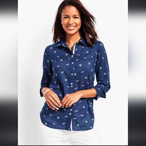 TALBOTS TREASURE ISLAND PRINT LONG SLEEVE BUTTON DOWN SHIRT NAVY BLUE SIZE 2X